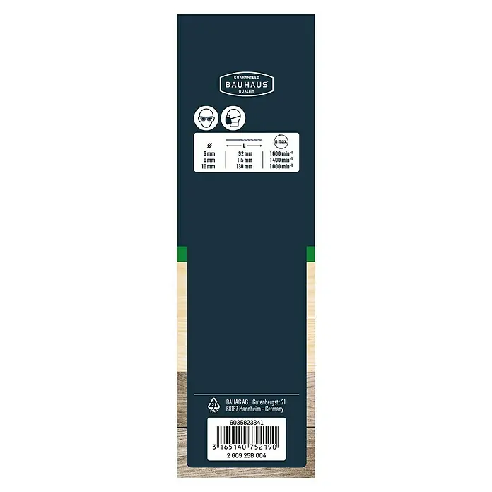 Craftomat Broca para madera - 3 ud., Diámetro de la broca: 8 mm - Primer plano del empaque del producto con datos técnicos e información del fabricante.