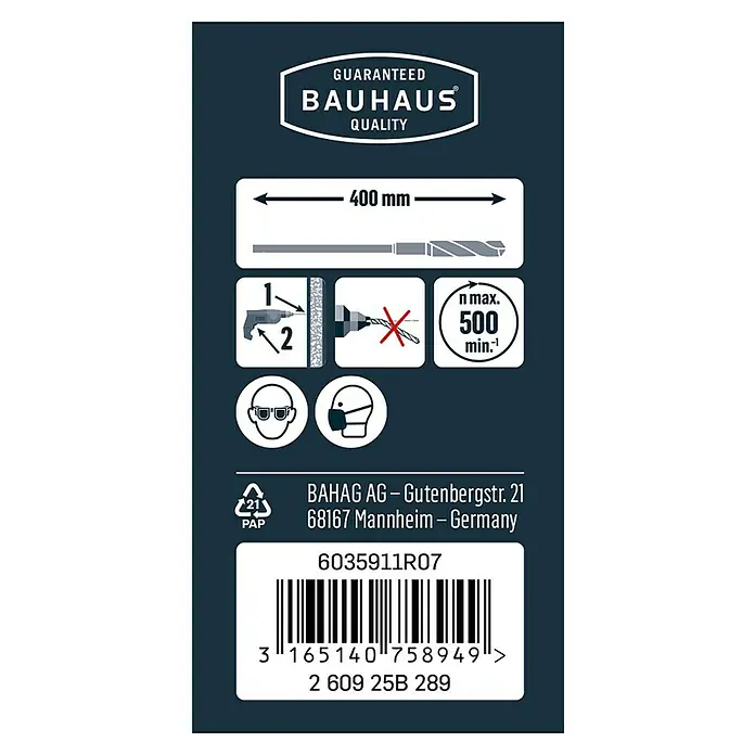 Craftomat Holzbohrer - Durchmesser Bohrer: 8 mm, Länge: 400 mm - Bild einer Produktverpackung für einen 400-mm-Bohrer mit Sicherheitsinformationen und einem Barcode.