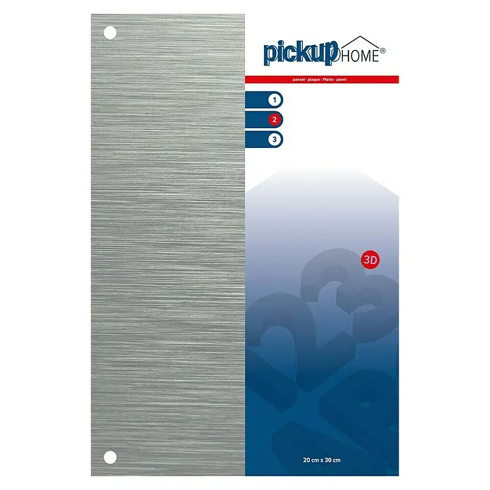 Pickup 3D Home Schild - L x B: 20 x 30 cm, Aluminiumfarben - Das Produktbild zeigt eine silberne 3D Wandplatte (20x30cm) von pickupHOME, geeignet als dekoratives Paneel für den Innenbereich.