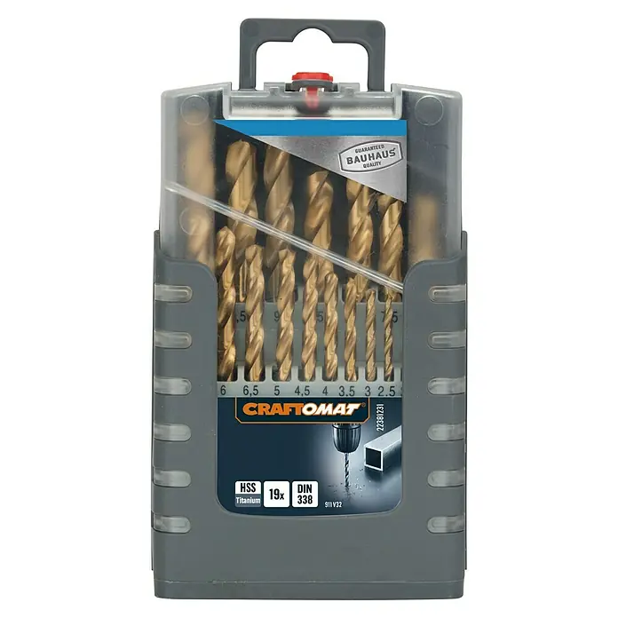 Craftomat Bohrer-Set Gripbox - Durchmesser Bohrer: 9,5 mm - Ein Set Craftomat HSS Titan Bohrer, 19-teilig, für präzise Bohrlöcher in verschiedenen Materialien, verpackt in einem robusten Kunststoffkoffer.