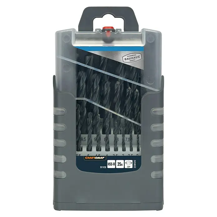 Craftomat Bohrer-Set Gripbox - Durchmesser Bohrer: 13 mm - Ein Set von 25 Craftomat HSS-R Bohrern in einer grauen Aufbewahrungsbox mit Größenangaben und Bauhaus Qualitätsgarantie.