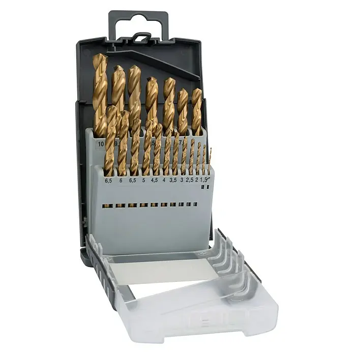 Craftomat Bohrer-Set Gripbox - Durchmesser Bohrer: 9,5 mm - Eine geöffnete Bohrer-Kassette mit goldfarbenen Bohrern unterschiedlicher Größen, die ordentlich in einem grauen Kunststoffgehäuse angeordnet sind.