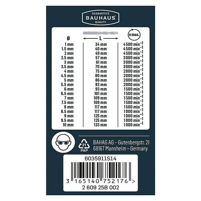 Craftomat Set de brocas Gripbox - Diámetro de la broca: 9,5 mm - Imagen de una tabla de tamaños de brocas que detalla diámetros, longitudes y velocidades máximas para varias brocas de Bauhaus.