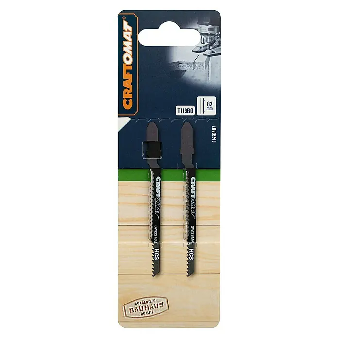 Craftomat Stichsägeblatt T 119 BO - Holz, 2 -tlg., T-Schaft - Verpackung von zwei Stichsägeblättern T119BO von Craftomat, geeignet für Holzschnitte. Die Blätter sind aus HCS gefertigt und für den Einsatz in Stichsägen.