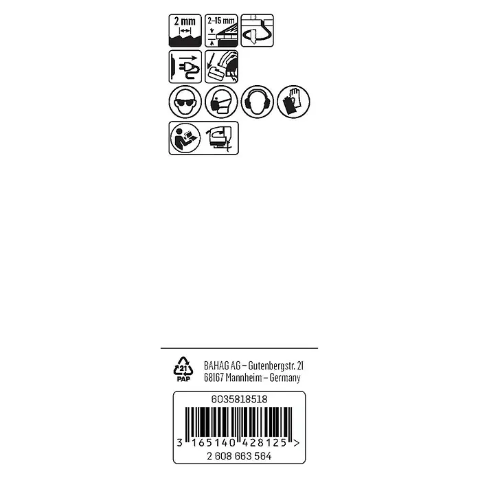 Craftomat Hoja de sierra de calar T 119 BO - Madera, 2 pzs., Vástago en T - Imagen del producto que muestra las pautas de seguridad y la información del fabricante.