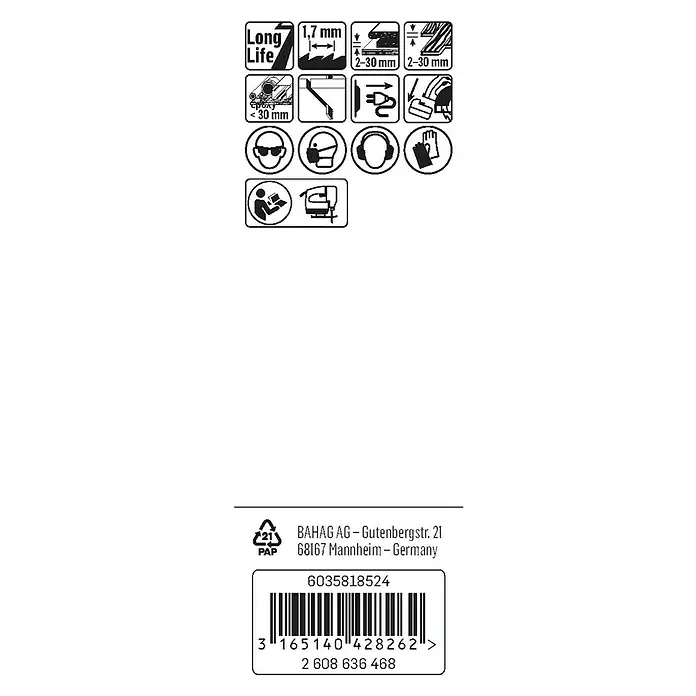 Craftomat Hoja de sierra de calar T 101 AIF - Madera dura / plástico, 2 pzs., Vástago en T - Embalaje del producto con diversos símbolos de seguridad e información del producto, incluyendo un código de barras y detalles del fabricante.