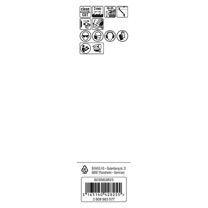 Craftomat Hoja de sierra de calar T 301 CD - Madera blanda / madera aglomerada, 2 pzs., Vástago en T - Imagen de símbolos de seguridad e información del producto, incluyendo el código de barras e instrucciones de reciclaje.
