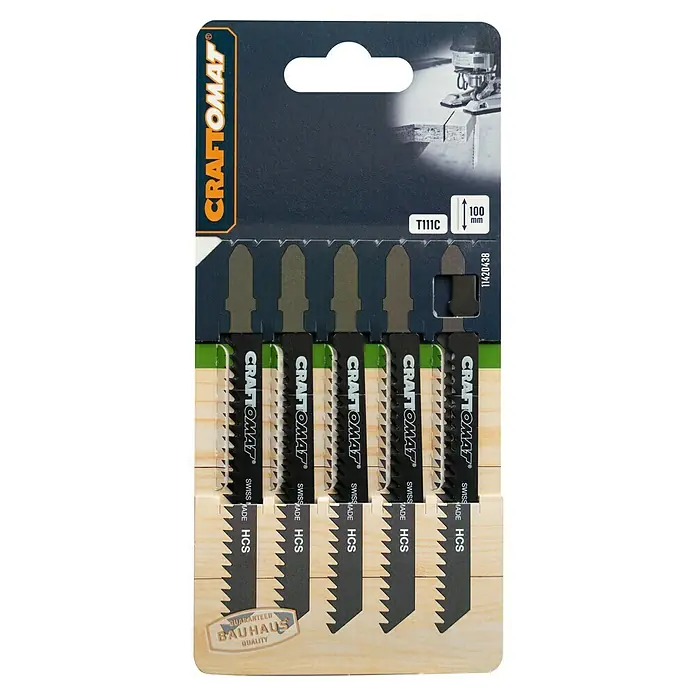 Craftomat Stichsägeblatt T 111 C - Weichholz/Spanplatte, 5 -tlg., T-Schaft - Eine Packung CRAFTOMAT T111C Stichsägeblätter für Holz, Swiss Made HCS Qualität von BAUHAUS, ideal für präzise Holzschnitte mit 100mm Länge.