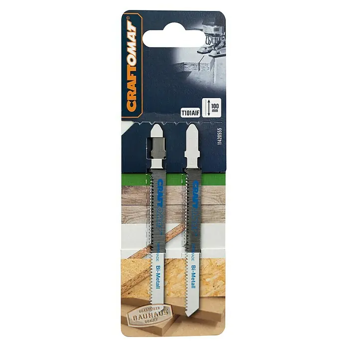 Craftomat Stichsägeblatt T 101 AIF - Hartholz/Kunststoff, 2 -tlg., T-Schaft - Nahaufnahme der Craftomat T101AIF Stichsägeblätter für Holz, Bi-Metall Qualität, ideal für präzise Schnitte und lange Lebensdauer.