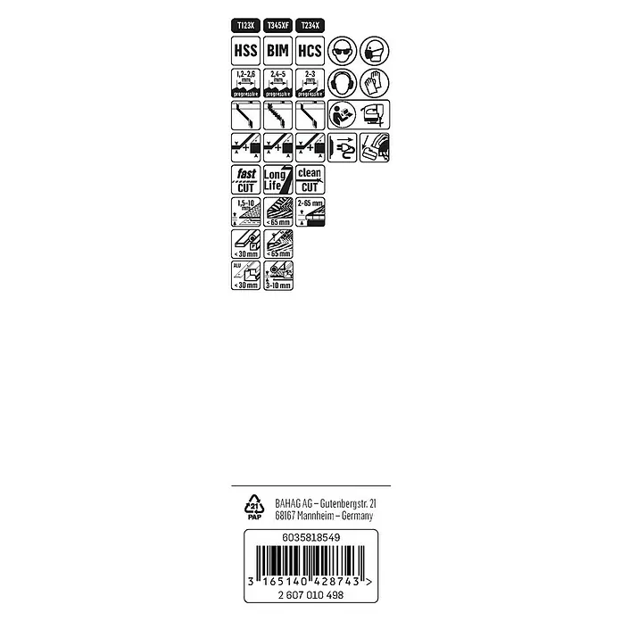 Craftomat Stichsägeblatt-Set - Holz/Metall/Kunststoff, 3 -tlg., T-Schaft - Abbildung der Produktinformationen für ein Sägeblatt-Set, das Details zu Materialien, Schnittarten und Sicherheitsvorkehrungen bietet.