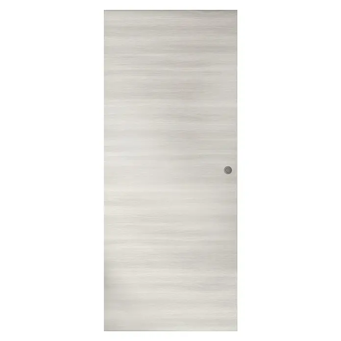 Optimum Schiebetür-Komplettset Optirail - 83 x 204 cm, Eiche Hellgrau, Wabe - Graue Holztür mit horizontaler Maserung und rundem Türknauf. Die schlichte Tür verleiht dem Raum ein modernes Aussehen.