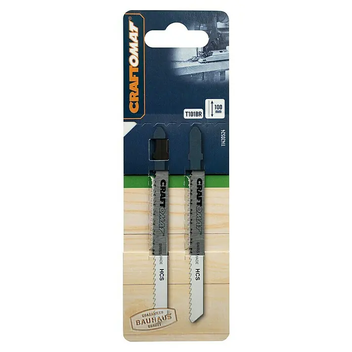 Craftomat Stichsägeblatt T 101 BR - Weichholz/Faserplatte, 2 -tlg., T-Schaft - Verpackung von CRAFTOMAT® Stichsägeblättern T101BR, 100 mm Länge, Swiss Made HCS Qualität, mit Bauhaus Qualitätsgarantie.