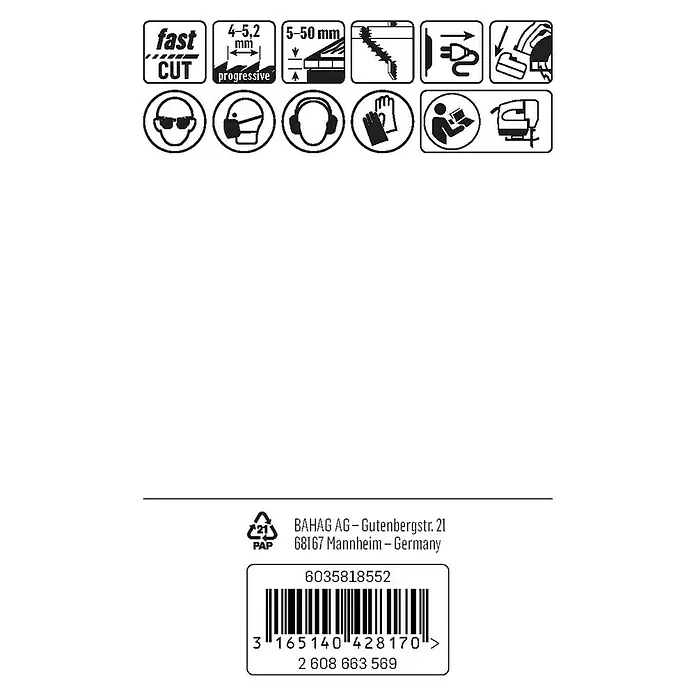 Craftomat Hoja de sierra de calar T 144 D - Madera blanda / tablero de fibra, 5 pzs., Vástago en T - Representación de medidas de seguridad y especificaciones para una hoja de sierra de calar "Fast Cut", incluyendo profundidad de corte, grosor del material y equipo de seguridad.