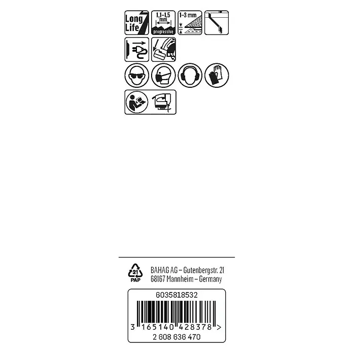 Craftomat Hoja de sierra de calar T 118 AF - Chapa, 2 pzs., Vástago en T - Una etiqueta con símbolos de larga duración, paso de diente progresivo, espesor de corte y precauciones de seguridad para herramientas eléctricas.