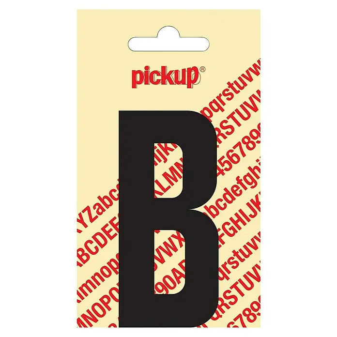 Pickup Aufkleber - Motiv: B, Schwarz, Höhe: 90 mm - Auf diesem Bild ist ein „Pickup“-Aufkleber mit dem schwarzen Buchstaben „B“ zu sehen, umgeben von weiteren Buchstaben und Zahlen.