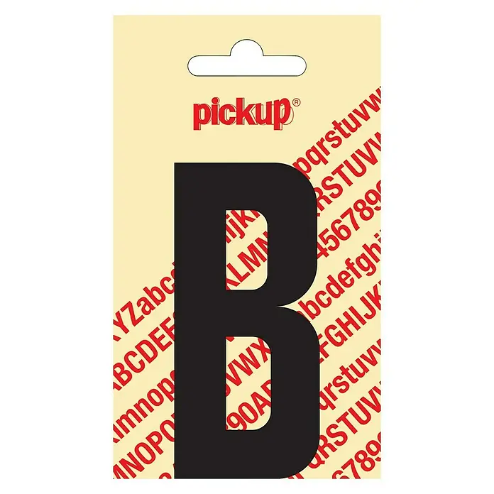 Pickup AufkleberMotiv: B, Schwarz, Höhe: 90 mm - Auf diesem Bild ist ein „Pickup“-Aufkleber mit dem schwarzen Buchstaben „B“ zu sehen, umgeben von weiteren Buchstaben und Zahlen.