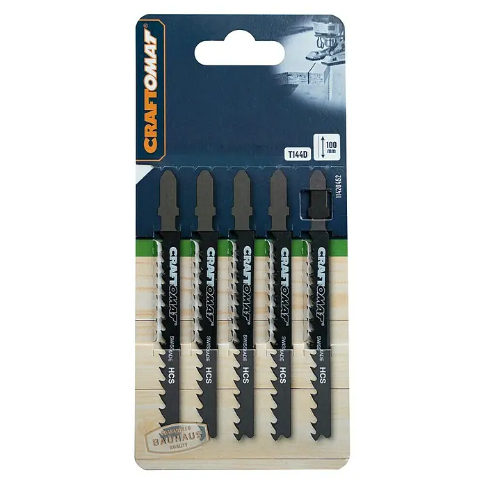 Craftomat Stichsägeblatt T 144 D - Weichholz/Faserplatte, 5 -tlg., T-Schaft - Ein Set Craftomat T144D Stichsägeblätter HCS für Holz, Swiss Made, garantiert Bauhaus Qualität für präzise Schnitte.