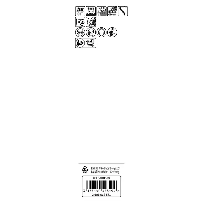 Craftomat Hoja de sierra de calar T 344 D - Madera / madera aglomerada, 2 pzs., Vástago en T - Imagen del producto que muestra símbolos de advertencia, información de velocidad y profundidad de corte, junto con detalles del fabricante y un código de barras.