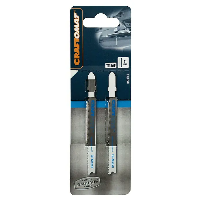 Craftomat Stichsägeblatt T 118 AF - Blech, 2 -tlg., T-Schaft - Eine Packung Craftomat T118AF Stichsägeblätter aus Bimetall, garantiert Bauhaus Qualität, für präzise Schnitte und lange Lebensdauer.