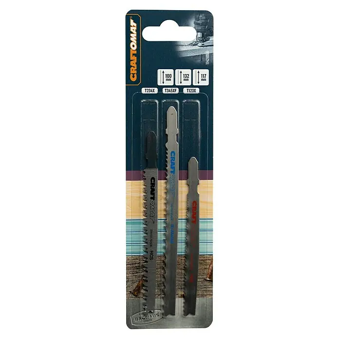 Craftomat Stichsägeblatt-Set - Holz/Metall/Kunststoff, 3 -tlg., T-Schaft - Packung Craftomat Stichsägeblätter, inklusive T234X, T345XF und T123X, für verschiedene Holzschnittanwendungen in Bau und Handwerk.