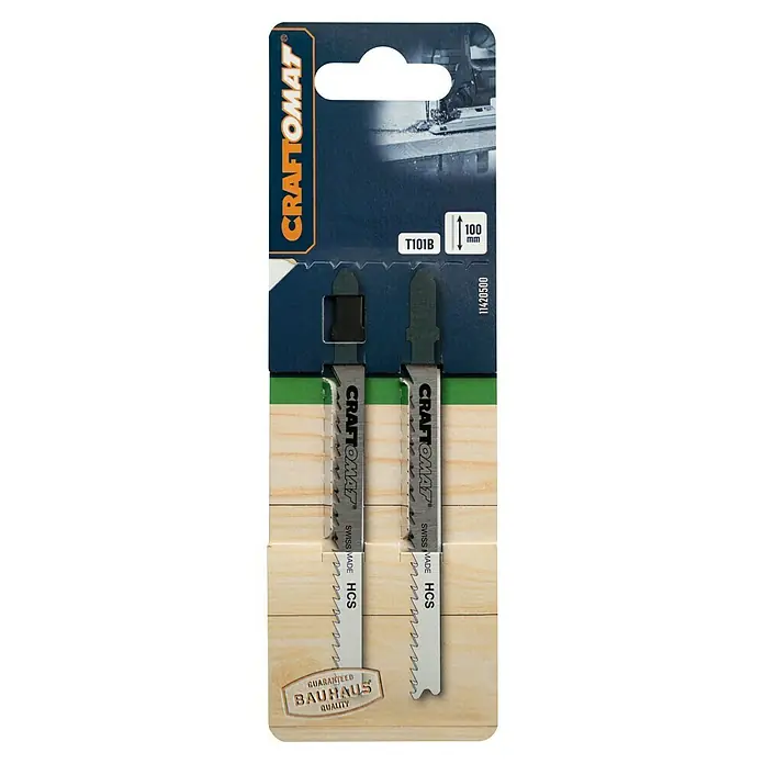 Craftomat Stichsägeblatt T 101 B - Weichholz/Kunststoffe, 2 -tlg., T-Schaft - Verpackung von zwei CRAFTOMAT T101B Stichsägeblättern aus HCS-Stahl, geeignet für Holzschnitte, mit Bauhaus Qualitätsgarantie.
