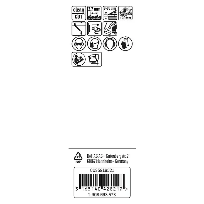 Craftomat Hoja de sierra de calar T 101 B - Madera blanda / Plásticos, 2 pzs., Vástago en T - Pictogramas y código de barras en el embalaje del producto, mostrando las especificaciones del producto, precauciones de seguridad e información del fabricante.