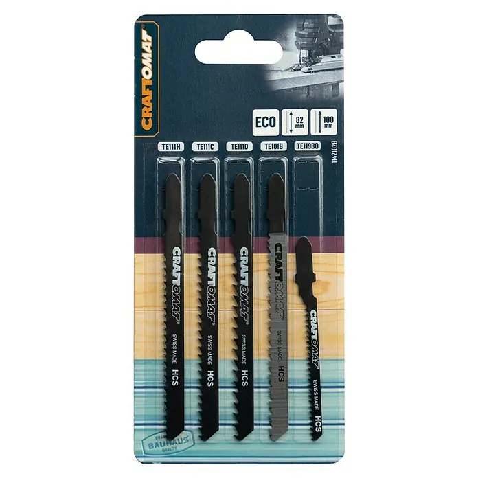 Craftomat Stichsägeblatt-Set - Holz/Kunststoff, 5 -tlg., T-Schaft - Eine Packung CRAFTOMAT Stichsägeblätter, bestehend aus fünf verschiedenen Sägeblättern für diverse Holzarbeiten, ideal für Heimwerker.