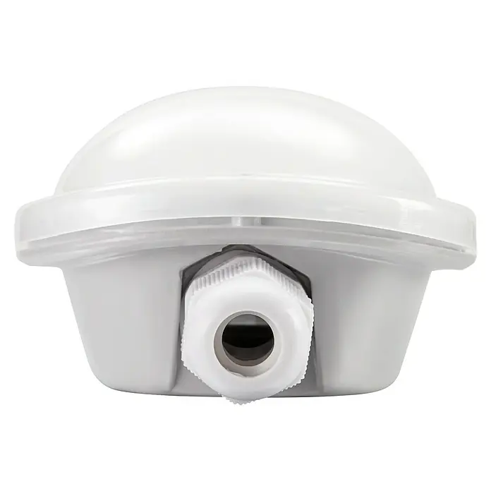 Voltolux LED-Feuchtraumlichtleiste mit Mikrowellensensor - L x B x H: 120 x 9,2 x 6 cm, Lichtfarbe: Neutralweiß, 48 W, IP65 - Nahaufnahme eines weißen, runden IoT-Geräts mit Kabelverschraubung, ideal für Smart-Home-Anwendungen und industrielle Sensorik.