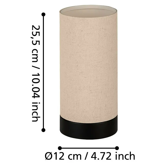 Eglo Feniglia Tischleuchte rund - 40 W, Ø x H: 12 x 25,5 cm, Schwarz, E27 - Abbildung einer zylinderförmigen Tischlampe mit beiger Stoffabdeckung und schwarzem Sockel, zusammen mit ihren Maßangaben.