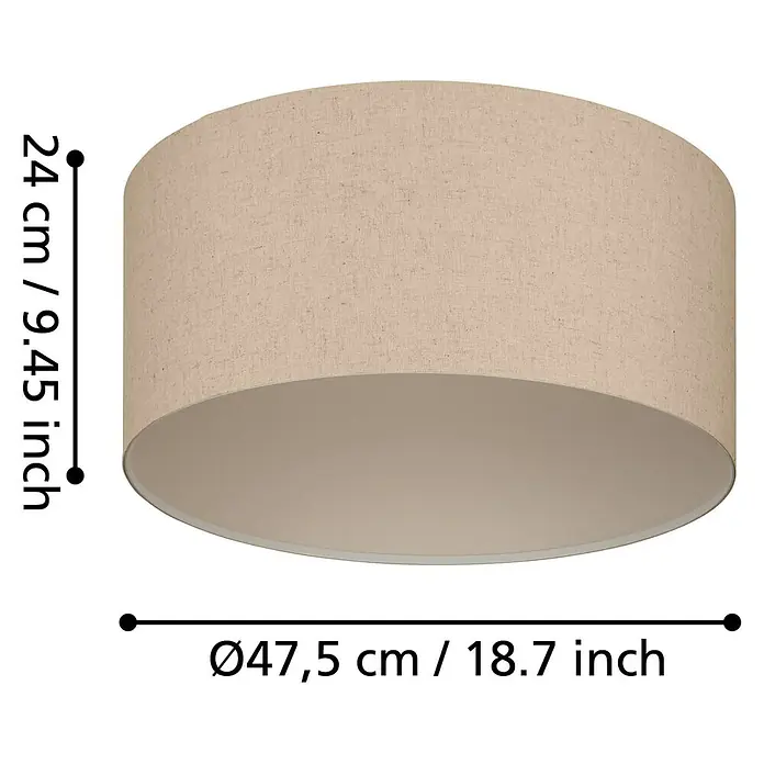 Eglo Feniglia Deckenleuchte rund - 40 W, Ø x H: 47,5 x 24 cm, Schwarz, E27 - Nahaufnahme eines cremefarbenen Lampenschirms mit Größenangaben in Zentimetern und Zoll.