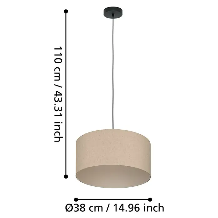 Eglo Feniglia Pendelleuchte - 40 W, Schwarz, E27 - Ein beiger Lampenschirm hängt von einer schwarzen Halterung. Die Maße sind eingezeichnet.