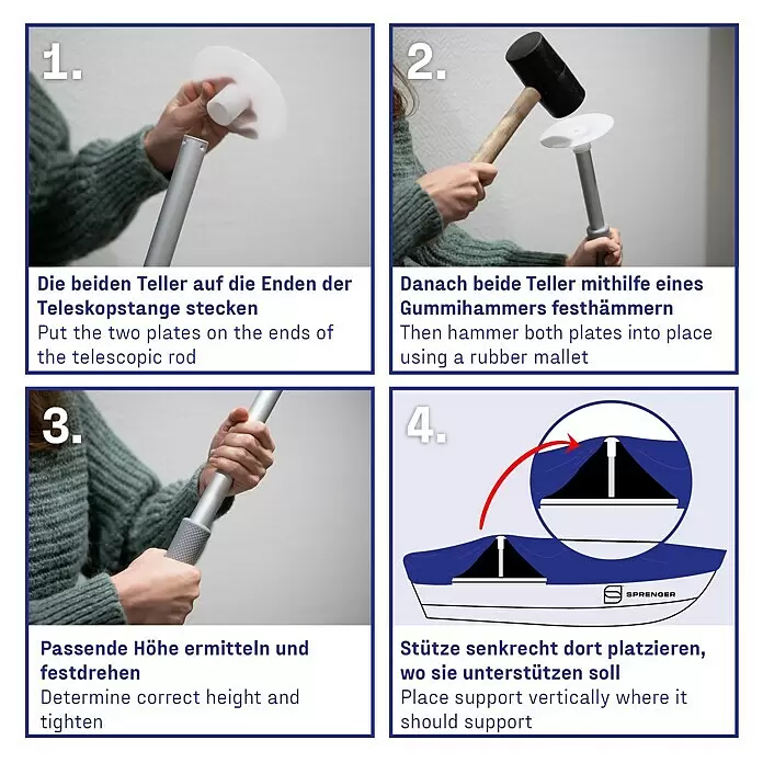 Persenningstütze - Verstellbar: 60 mm - 100 mm - Silberne Teleskop-Stützstange mit weißen Endplatten, gezeigt bei der Montage und Verwendung zum Abstützen einer Abdeckung.