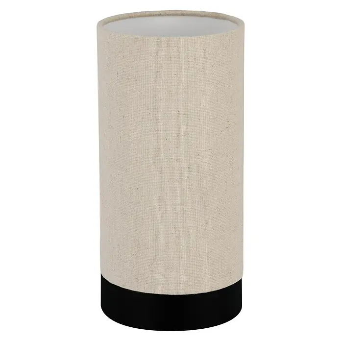 Eglo Feniglia Tischleuchte rund - 40 W, Ø x H: 12 x 25,5 cm, Schwarz, E27 - Nahaufnahme einer zylindrischen Tischleuchte mit beigem Stoffschirm und schwarzem Sockel, die ein warmes und einladendes Licht verspricht.