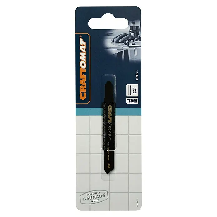 Craftomat Stichsägeblatt T 130 RF - Wandfliese, T-Schaft - Das Bild zeigt eine Craftomat Stichsägeblatt-Verpackung T130RF, die Qualität und Präzision für Holzarbeiten verspricht. Ideal für saubere Schnitte.