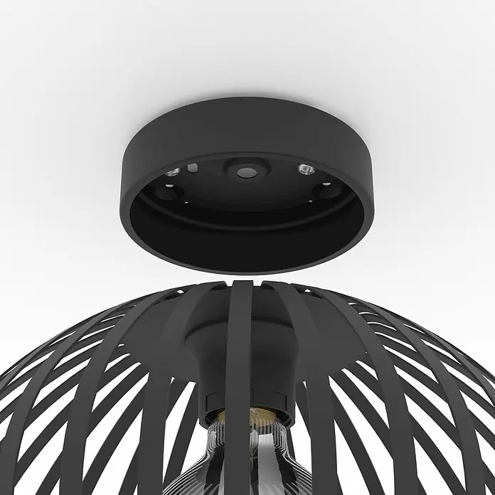 Eglo Deckenleuchte rund MOGANO 340 W, Ø x H: 28 x 18 cm, Schwarz, E27 - Eine moderne Deckenleuchte mit schwarzem Käfigdesign und einer dekorativen Glühbirne, ideal für stilvolle Innenräume.