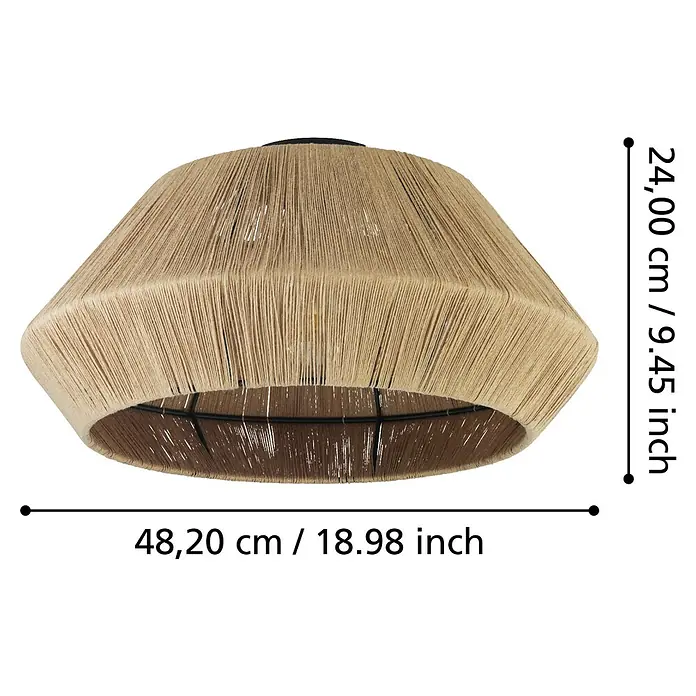 Eglo Deckenleuchte ALDERNEY - 40 W, Schwarz, E27 - Nahaufnahme einer modernen Hängelampe mit einem Lampenschirm aus beigem Seil und den Maßen 48,20 cm Breite und 24,00 cm Höhe.