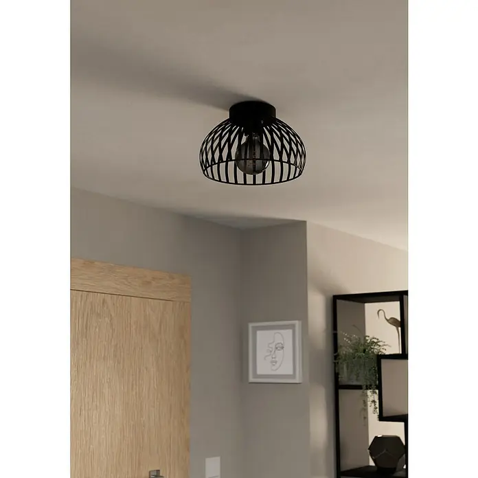 Eglo Deckenleuchte rund MOGANO 340 W, Ø x H: 28 x 18 cm, Schwarz, E27 - Eine moderne Deckenleuchte in Schwarz mit einem dekorativen Drahtkäfig-Design und einer Edison-Glühbirne, die einen Hauch von Industriecharme verleiht.