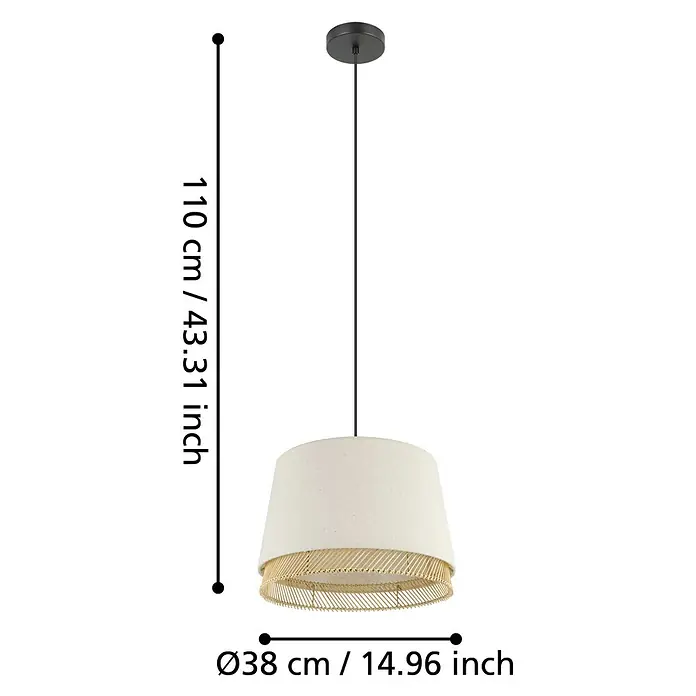 Eglo Tabley Pendelleuchte rund - 40 W, Ø x H: 38 x 110 cm, Schwarz, E27 - Eine Pendelleuchte mit einem beigen Stoffschirm und einem dekorativen Bambusgeflecht am unteren Rand.