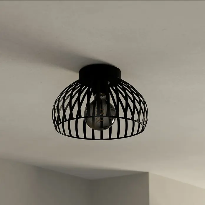 Eglo Deckenleuchte rund MOGANO 340 W, Ø x H: 28 x 18 cm, Schwarz, E27 - Moderne Deckenleuchte mit schwarzem Drahtgeflecht und Glühbirne. Das Design ist minimalistisch und stilvoll, perfekt für moderne Innenräume.
