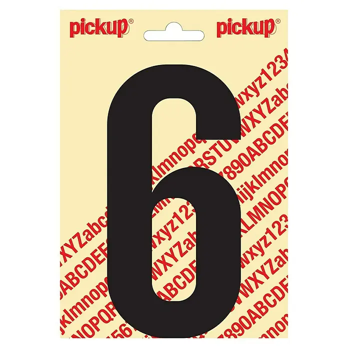 Pickup Aufkleber - Motiv: 6, Schwarz, Höhe: 150 mm - Aufkleber mit der schwarzen Ziffer 6 vor einem gelben Hintergrund mit roten Buchstaben und dem „Pickup“-Logo.