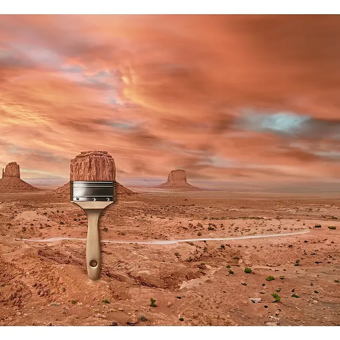 SCHÖNER WOHNEN-Farbe Wandfarbe Trendfarbe - Arizona, Matt, 1 l, Konservierungsmittelfrei - Wüstenlandschaft mit einem Pinsel, der die Farbe der Landschaft aufnimmt. Der Pinsel verleiht dem Bild eine künstlerische Note und betont die Farbpalette.
