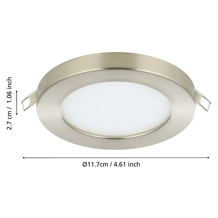 Eglo LED-Einbauleuchte FUEVA FLEX - 5,5 W, Nickel-matt, Warmweiß - Nahaufnahme einer runden LED-Einbauleuchte aus gebürstetem Stahl mit Maßangaben.