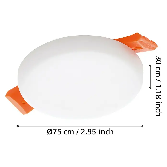 Eglo LED-Einbauleuchte rund RAPITA - 4,5 W, Ø x H: 7,5 x 2 cm, Weiß, Warmweiß - Abbildung einer weißen, runden Deckenleuchte mit orangen Details und Maßangaben.