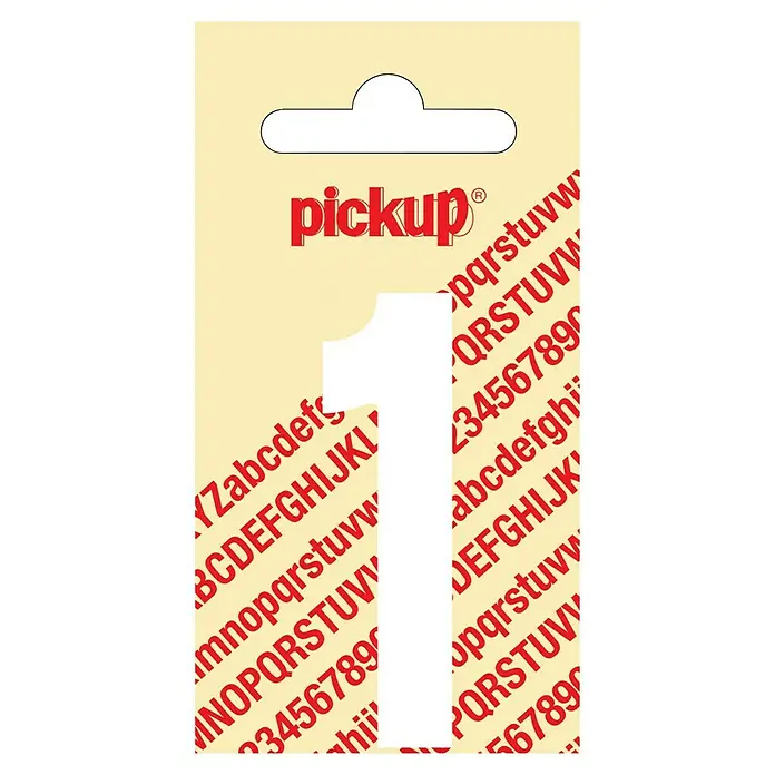 Pickup Aufkleber - Motiv: 1, Weiß, Höhe: 60 mm - Aufkleberbogen mit rotem Alphabet und Zahlen, wobei die Form des Buchstabens 1 ausgeschnitten ist.