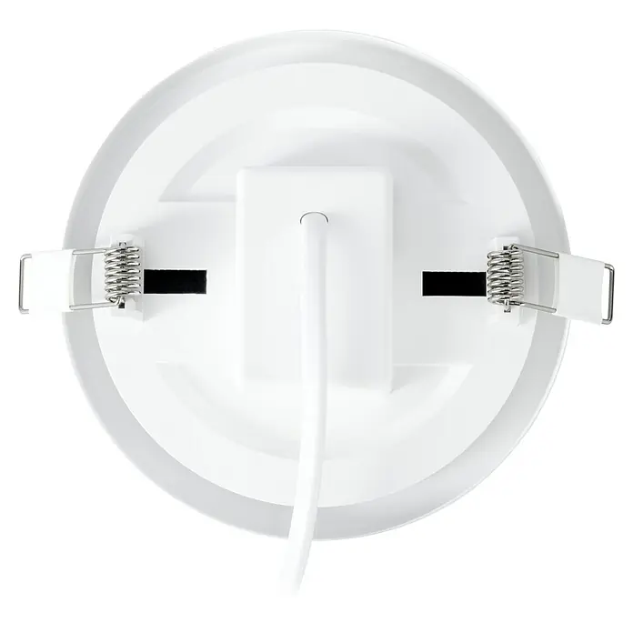 Eglo LED-Einbauleuchte rund FUEVA FLEX - 5,5 W, Ø x H: 11,7 x 0,2 cm, Weiß, Neutralweiß - Eine Nahaufnahme eines weißen LED-Deckeneinbaustrahlers mit Befestigungsfedern und einem Anschlusskabel.