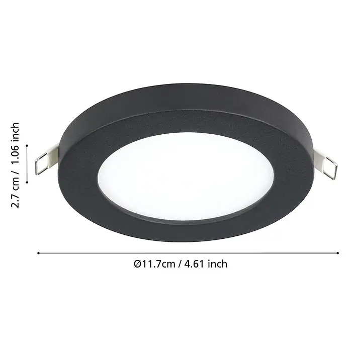 Eglo LED-Einbauleuchte FUEVA FLEX - 5,5 W, Schwarz, Warmweiß - Produktbild einer runden, schwarzen LED-Einbauleuchte mit Maßangaben in Zentimetern und Zoll.