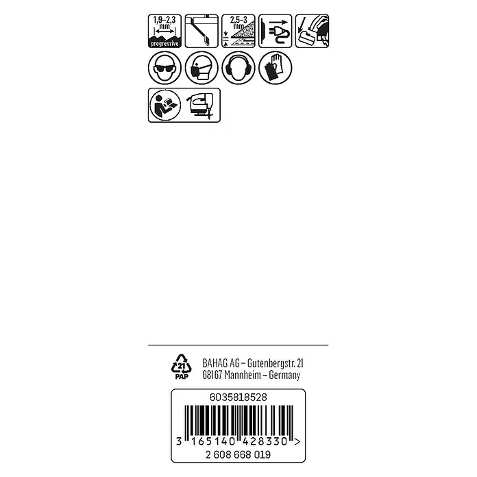 Craftomat Hoja de sierra de calar T 118 B - Metal, 5 pzs., Vástago en T - Imagen de una etiqueta de herramienta que muestra las precauciones de seguridad, las especificaciones de tamaño y la información del fabricante.