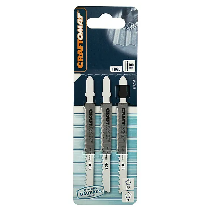 Craftomat Stichsägeblätter T 102 D - PP/PE, 3 -tlg., T-Schaft - Verpackung von Craftomat Stichsägeblättern T102D, 100mm, HCS, Swiss Made, für Stichsägen, garantiert Bauhaus Qualität.