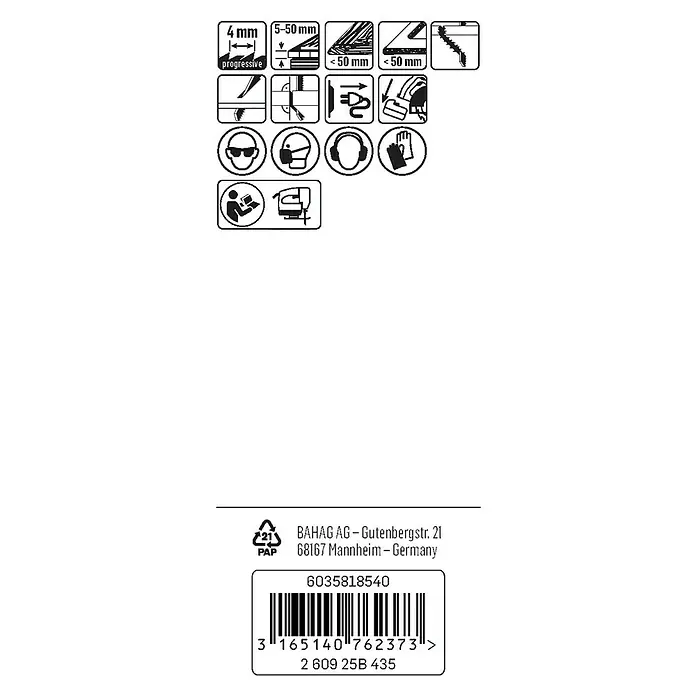 Craftomat Stichsägeblätter T 144 DP - Weichholz/Spanplatte, 3 -tlg., T-Schaft - Abbildung mit Sicherheitshinweisen, Sägeblattinformationen, Recyclinghinweisen und Barcode für eine Stichsäge.