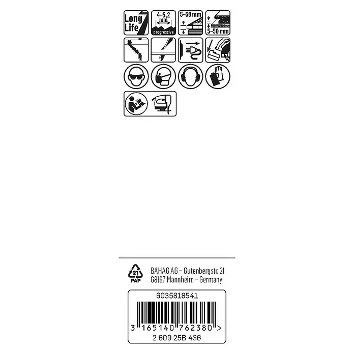 Craftomat Hojas de sierra T144 DF - Tableros de partículas revestidos, 3 pzs., Vástago en T - Imagen con símbolos de producto e información de reciclaje, incluyendo la marca "Long Life", precauciones de seguridad y datos del fabricante.